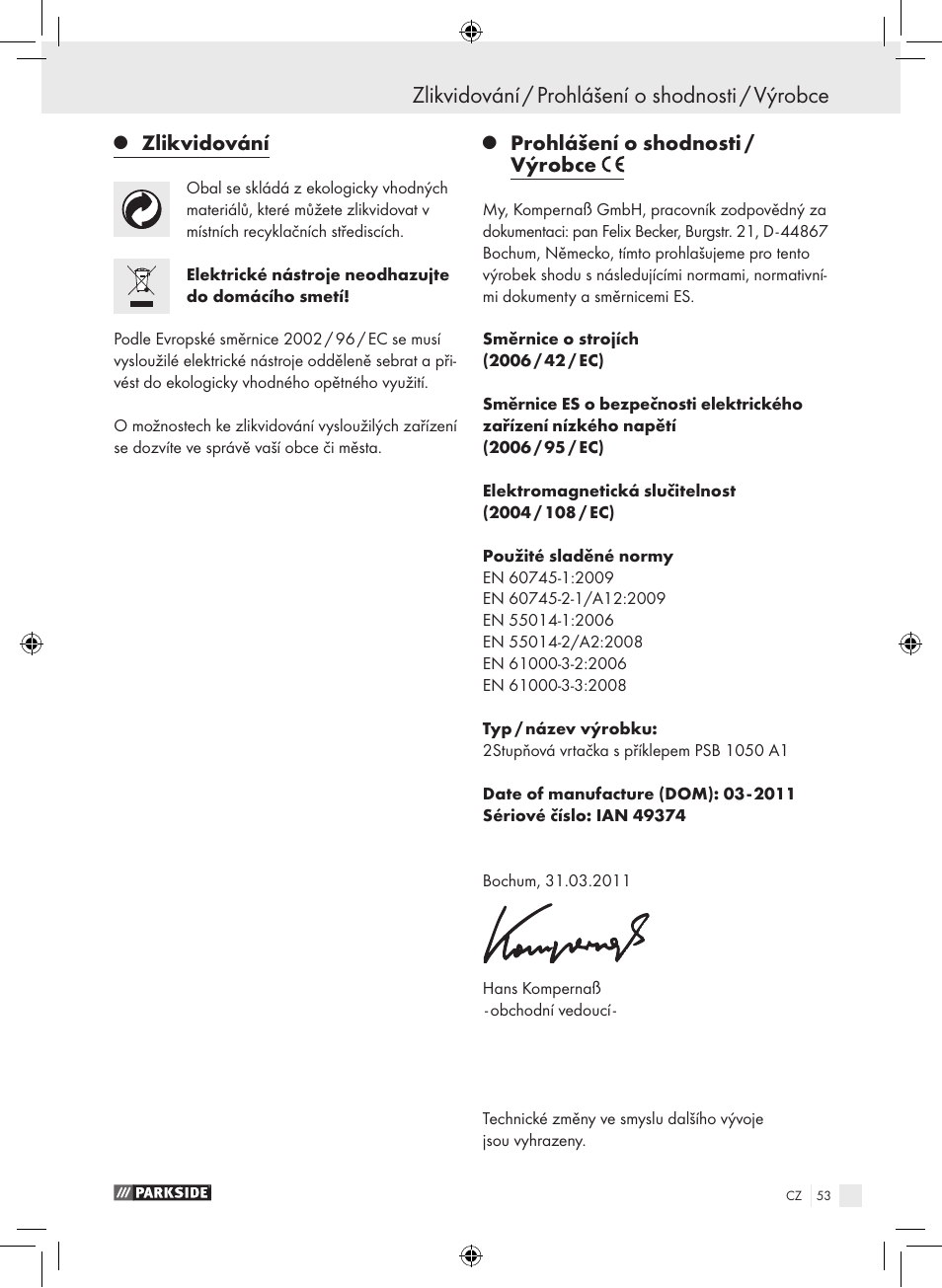 Zlikvidování / prohlášení o shodnosti / výrobce, Zlikvidování, Prohlášení o shodnosti / výrobce | Parkside PSB 1050 A1 User Manual | Page 53 / 75
