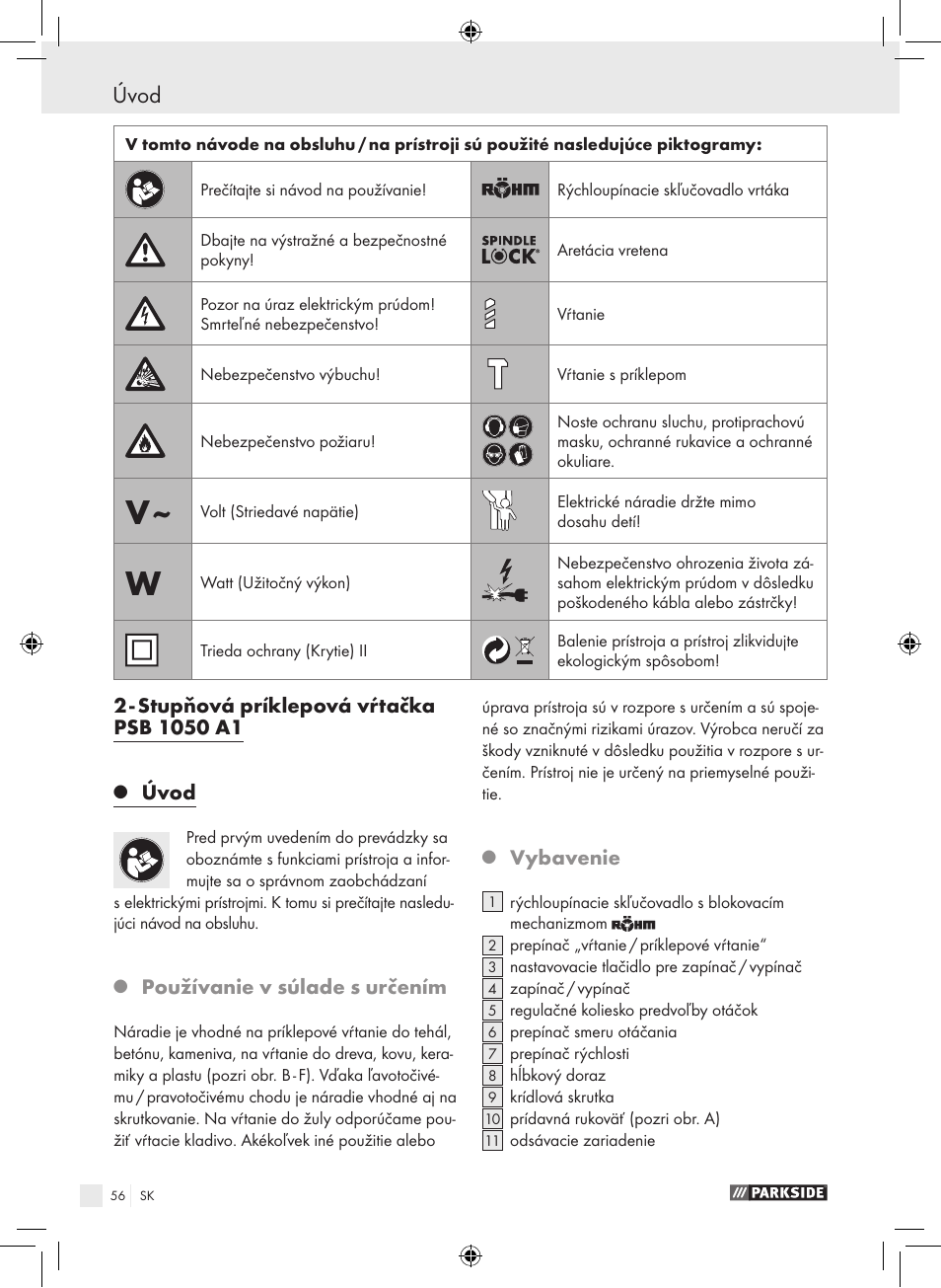 Úvod, Používanie v súlade s určením, Vybavenie | Parkside PSB 1050 A1 User Manual | Page 56 / 75