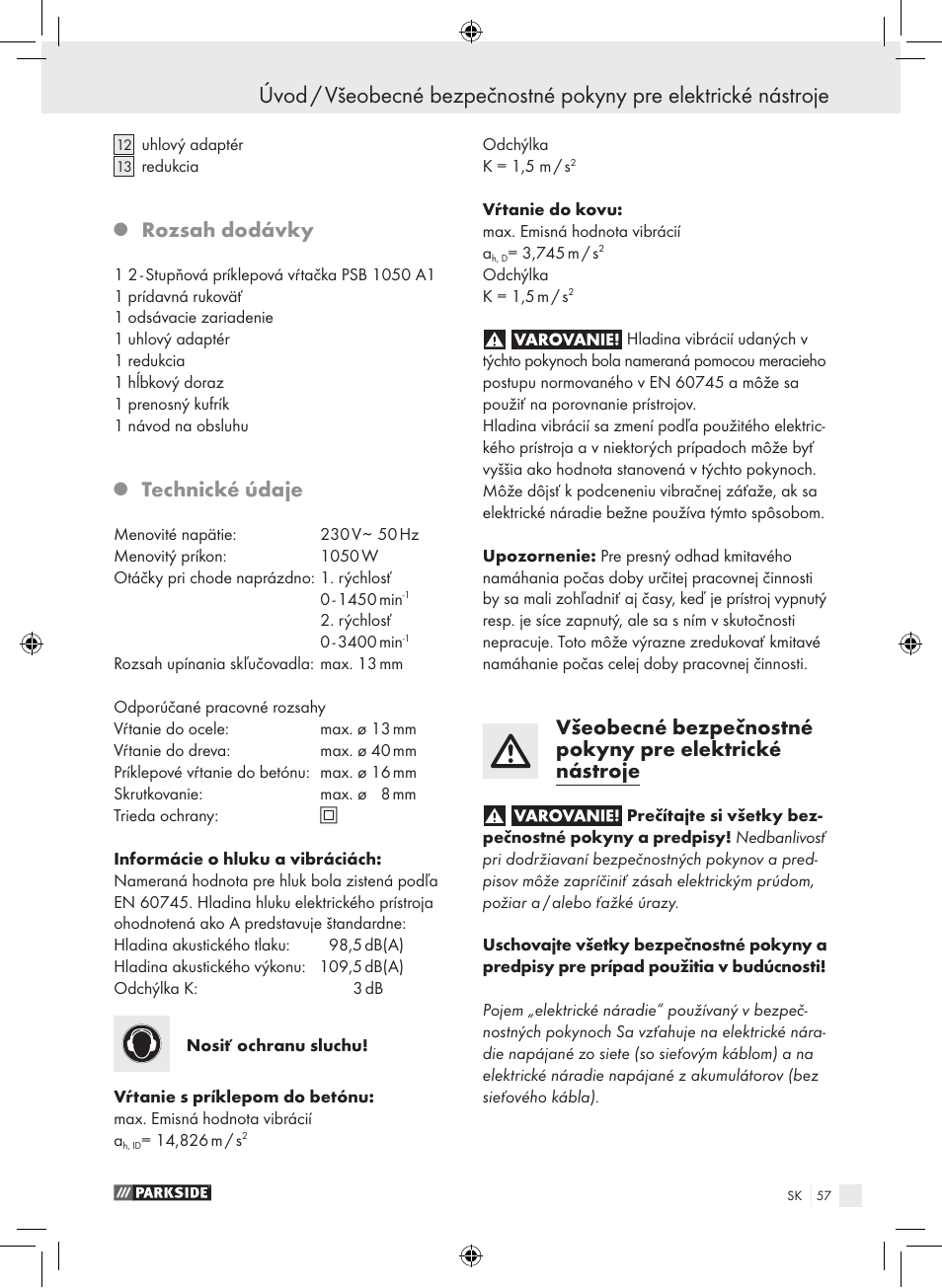 Rozsah dodávky, Technické údaje | Parkside PSB 1050 A1 User Manual | Page 57 / 75