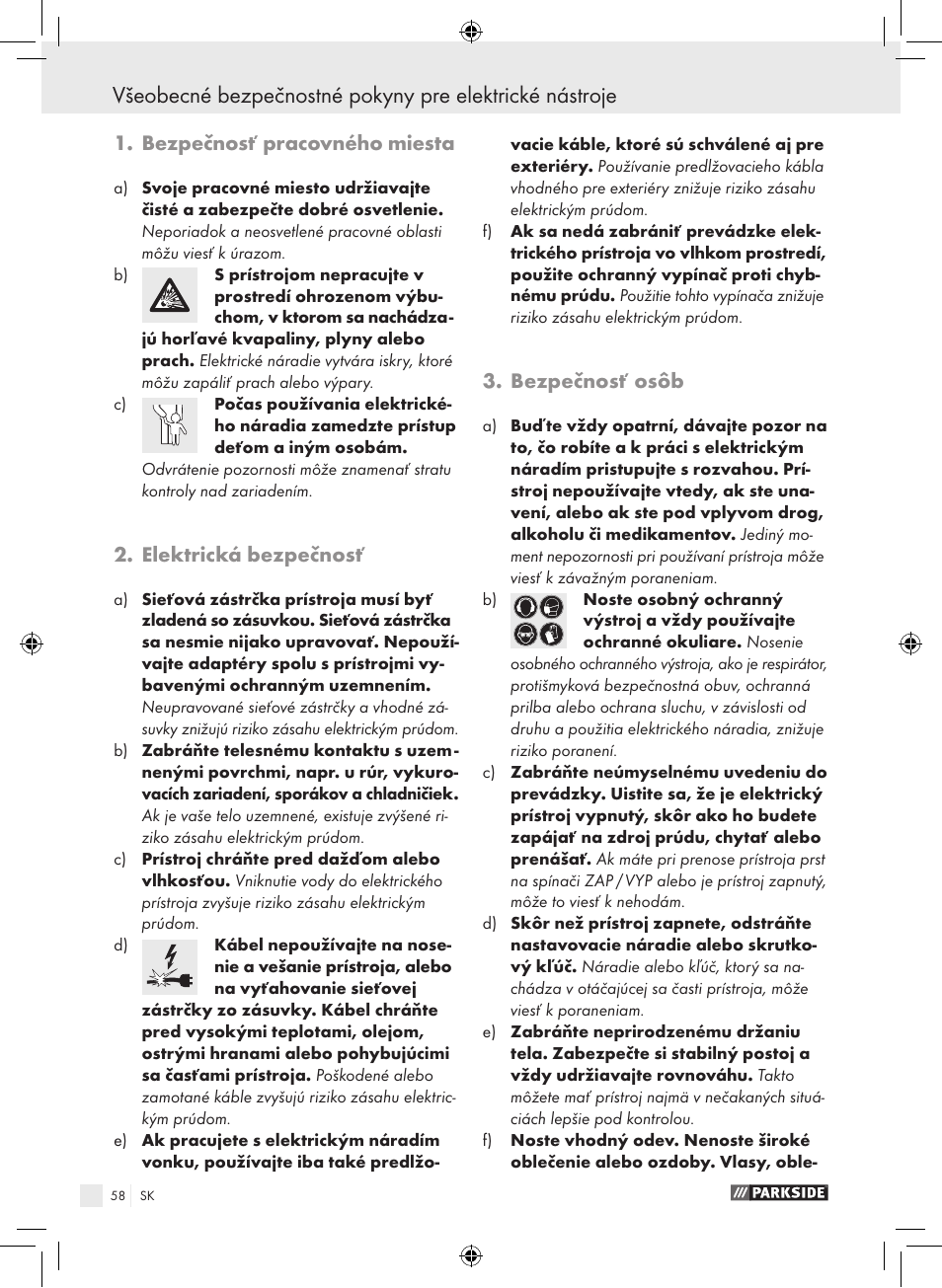 Bezpečnosť pracovného miesta, Elektrická bezpečnosť, Bezpečnosť osôb | Parkside PSB 1050 A1 User Manual | Page 58 / 75