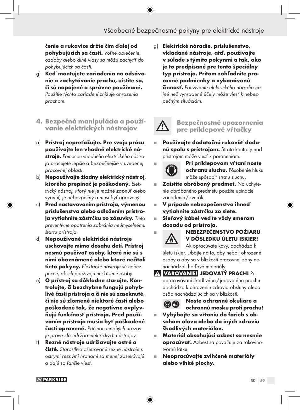 Bezpečnostné upozornenia pre príklepové vŕtačky | Parkside PSB 1050 A1 User Manual | Page 59 / 75