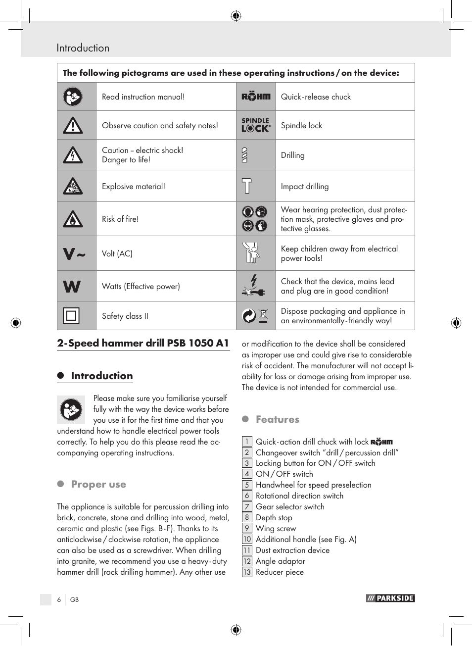 Introduction, Proper use, Features | Parkside PSB 1050 A1 User Manual | Page 6 / 75