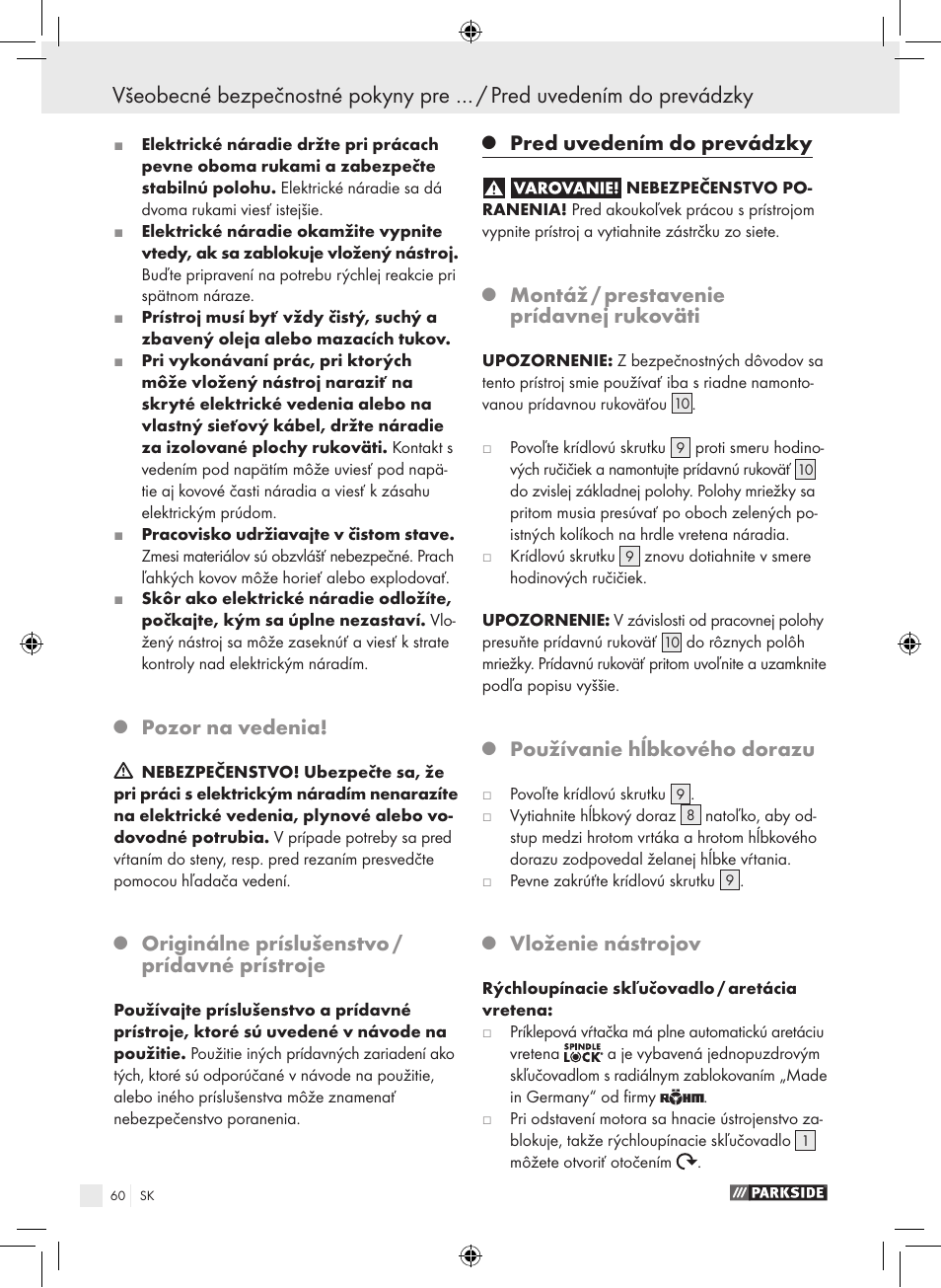 Pozor na vedenia, Originálne príslušenstvo / prídavné prístroje, Pred uvedením do prevádzky | Montáž / prestavenie prídavnej rukoväti, Používanie hĺbkového dorazu, Vloženie nástrojov | Parkside PSB 1050 A1 User Manual | Page 60 / 75