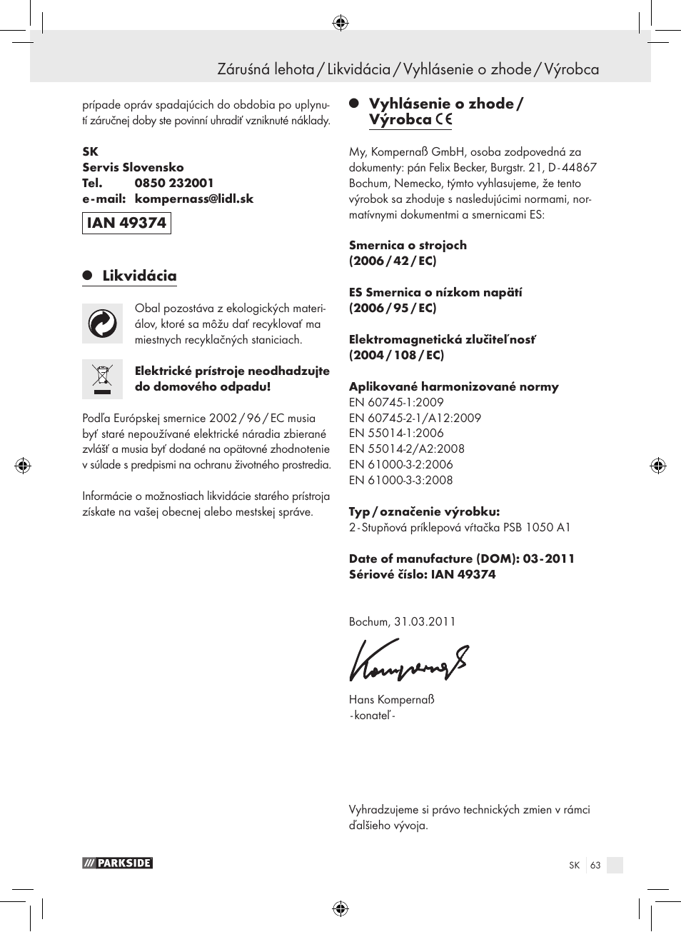 Likvidácia, Vyhlásenie o zhode / výrobca | Parkside PSB 1050 A1 User Manual | Page 63 / 75