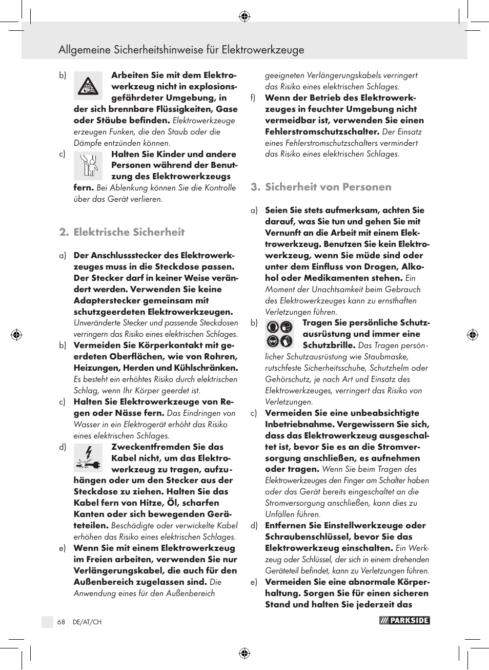 Elektrische sicherheit, Sicherheit von personen | Parkside PSB 1050 A1 User Manual | Page 68 / 75