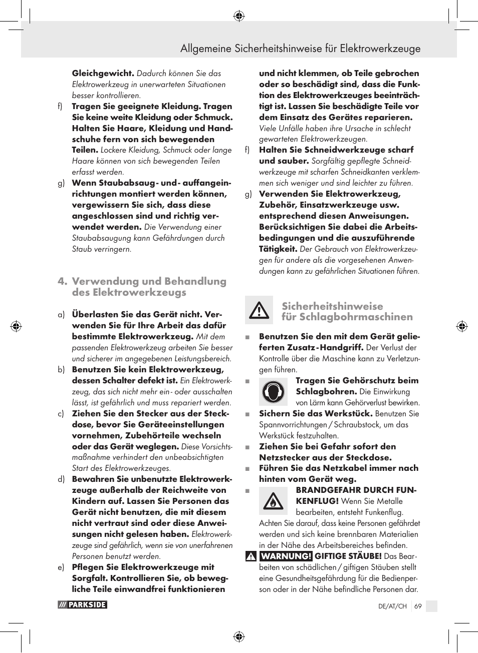 Verwendung und behandlung des elektrowerkzeugs, Sicherheitshinweise für schlagbohrmaschinen | Parkside PSB 1050 A1 User Manual | Page 69 / 75