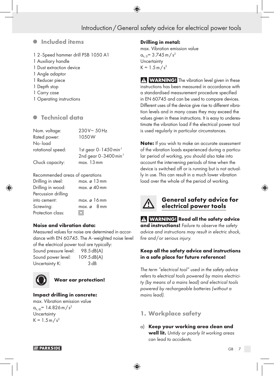 Included items, Technical data, General safety advice for electrical power tools | Workplace safety | Parkside PSB 1050 A1 User Manual | Page 7 / 75