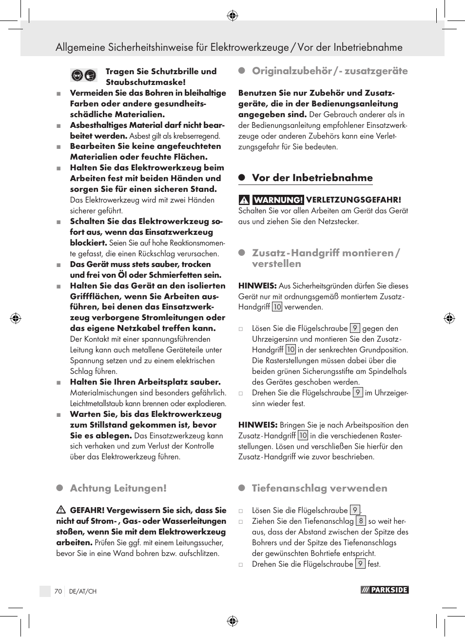 Achtung leitungen, Originalzubehör / - zusatzgeräte, Vor der inbetriebnahme | Zusatz - handgriff montieren / verstellen, Tiefenanschlag verwenden | Parkside PSB 1050 A1 User Manual | Page 70 / 75