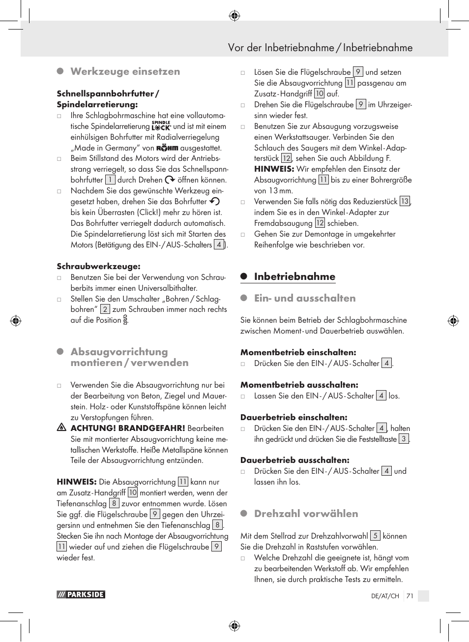 Vor der inbetriebnahme / inbetriebnahme, Werkzeuge einsetzen, Absaugvorrichtung montieren / verwenden | Inbetriebnahme, Ein- und ausschalten, Drehzahl vorwählen | Parkside PSB 1050 A1 User Manual | Page 71 / 75