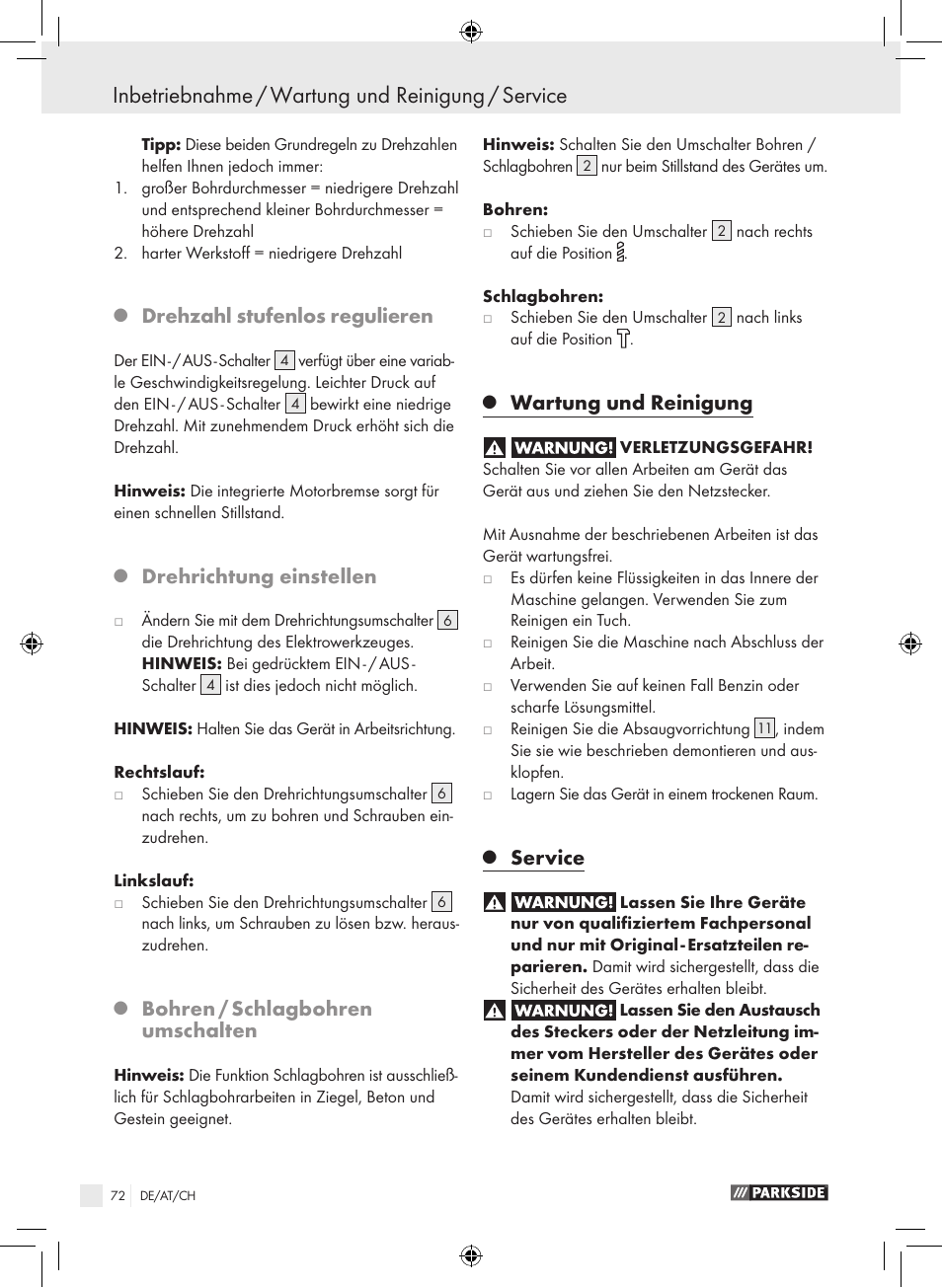Inbetriebnahme / wartung und reinigung / service, Drehzahl stufenlos regulieren, Drehrichtung einstellen | Bohren / schlagbohren umschalten, Wartung und reinigung, Service | Parkside PSB 1050 A1 User Manual | Page 72 / 75
