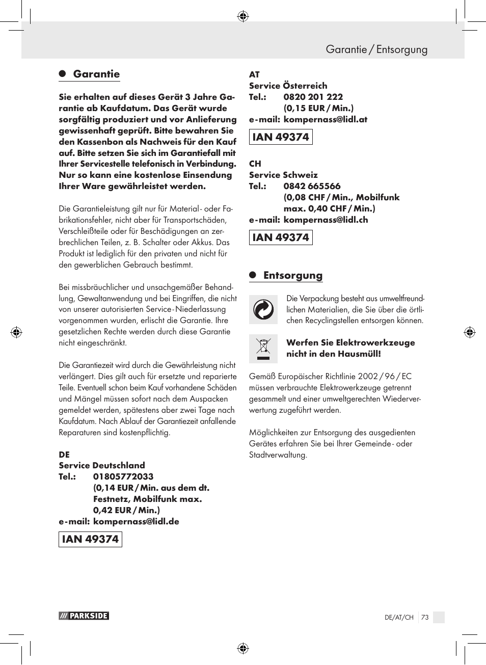 Garantie / entsorgung, Garantie, Entsorgung | Parkside PSB 1050 A1 User Manual | Page 73 / 75