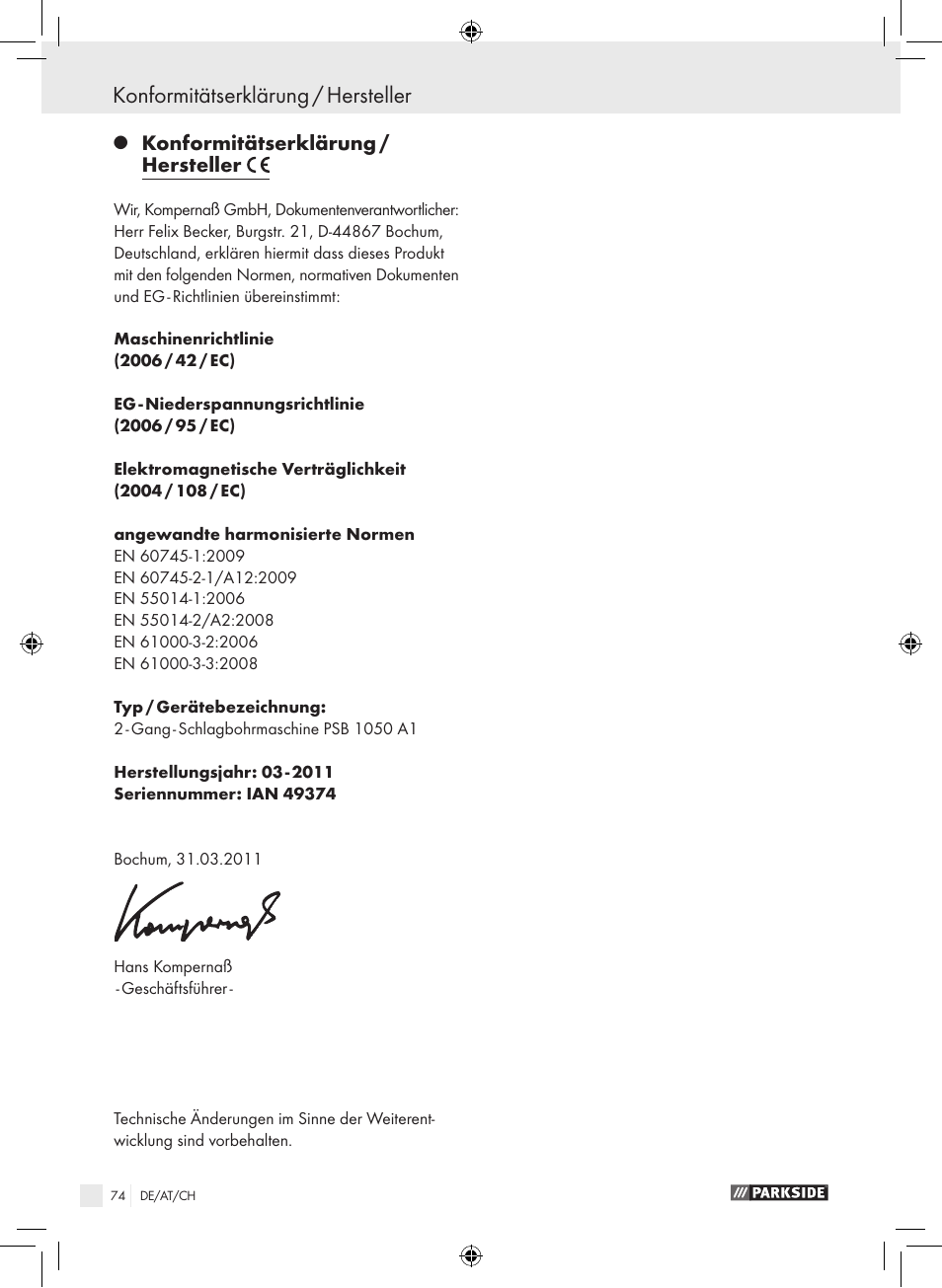Konformitätserklärung / hersteller | Parkside PSB 1050 A1 User Manual | Page 74 / 75