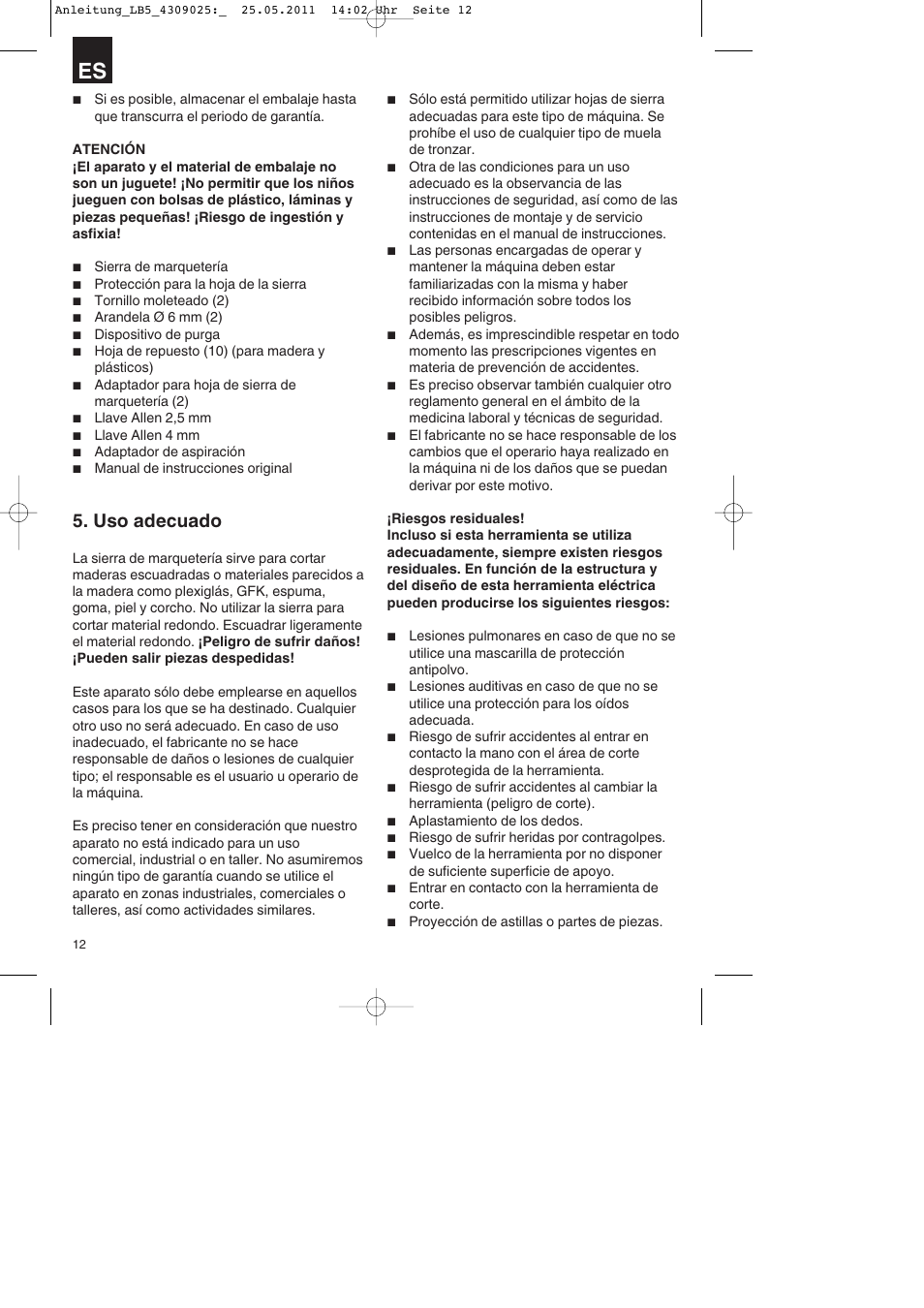 Uso adecuado | Parkside PDKs 120 A2 User Manual | Page 12 / 76