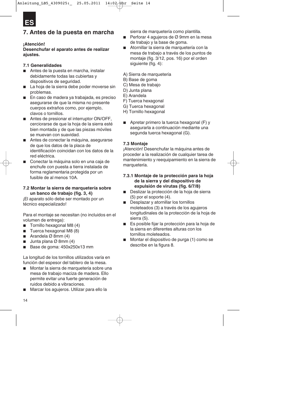 Antes de la puesta en marcha | Parkside PDKs 120 A2 User Manual | Page 14 / 76