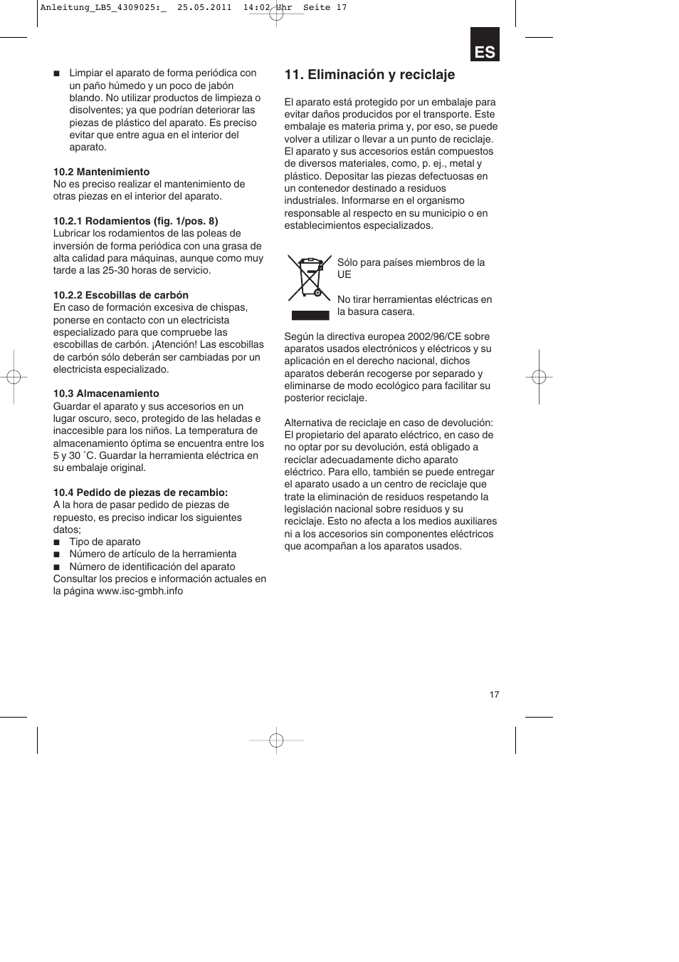 Eliminación y reciclaje | Parkside PDKs 120 A2 User Manual | Page 17 / 76