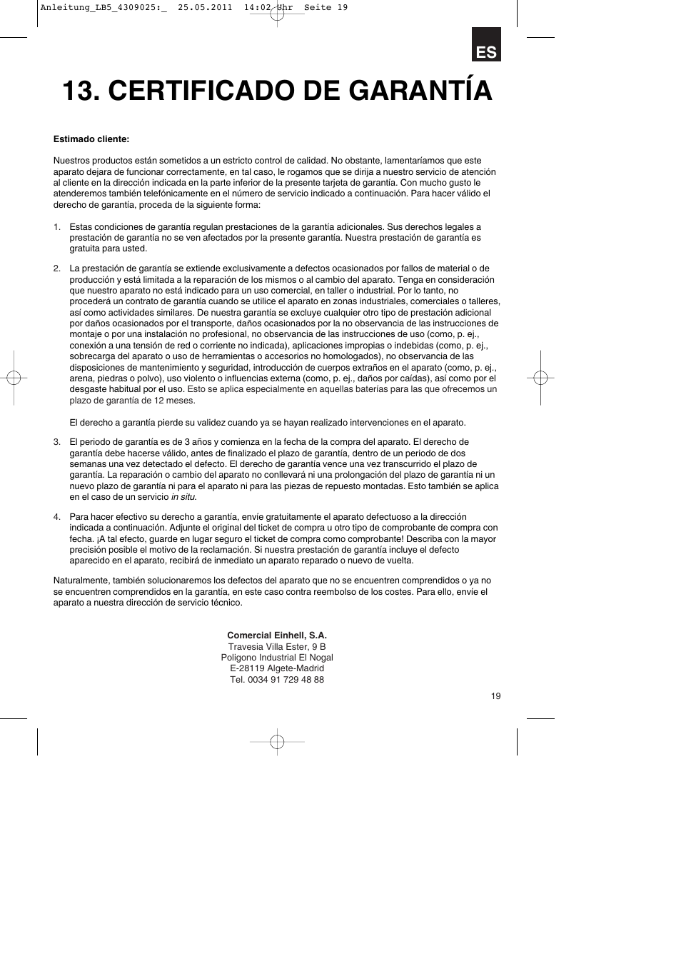 Certificado de garantía | Parkside PDKs 120 A2 User Manual | Page 19 / 76