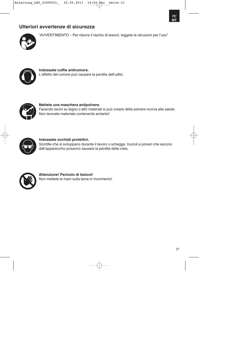Ulteriori avvertenze di sicurezza | Parkside PDKs 120 A2 User Manual | Page 21 / 76