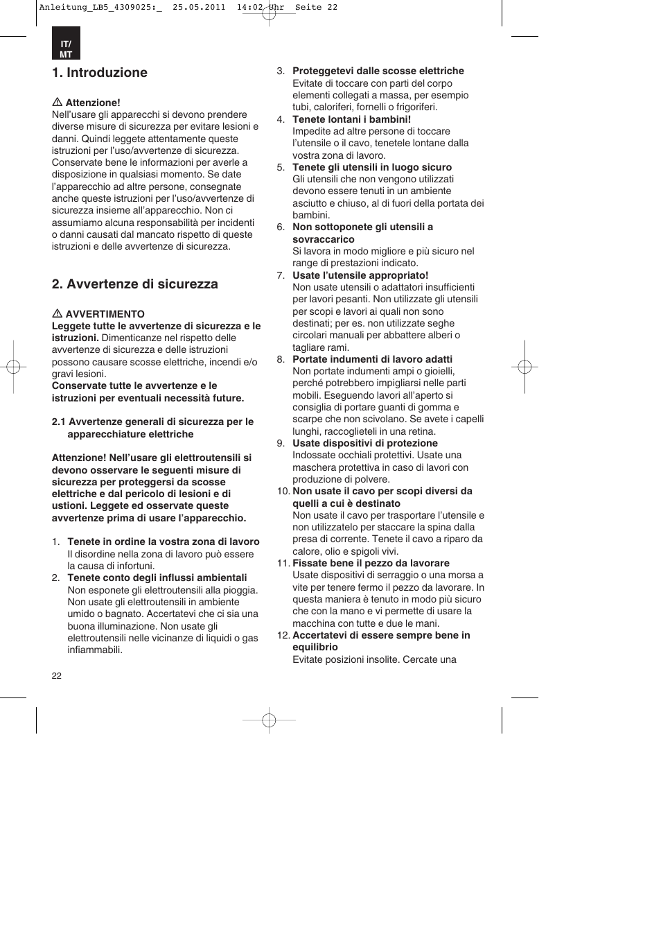 Introduzione, Avvertenze di sicurezza | Parkside PDKs 120 A2 User Manual | Page 22 / 76