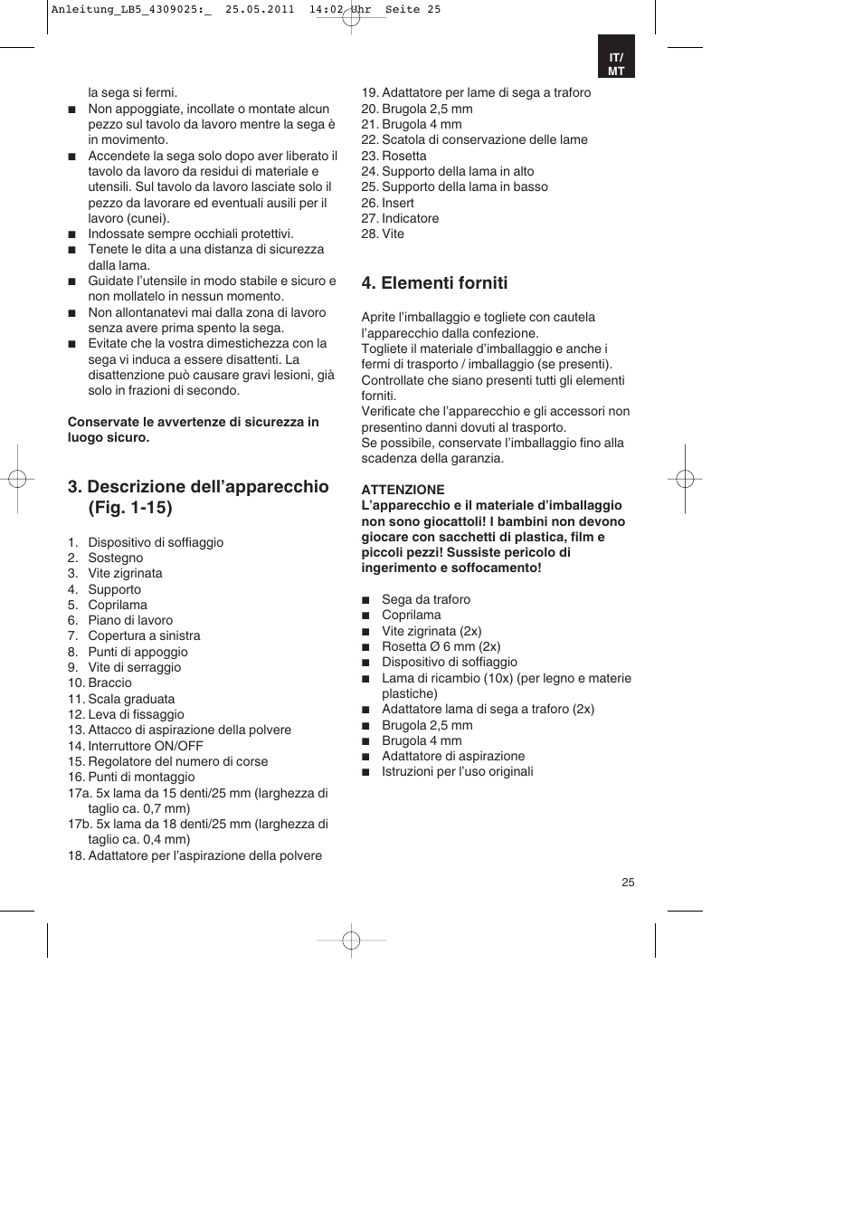 Descrizione dell’apparecchio (fig. 1-15), Elementi forniti | Parkside PDKs 120 A2 User Manual | Page 25 / 76