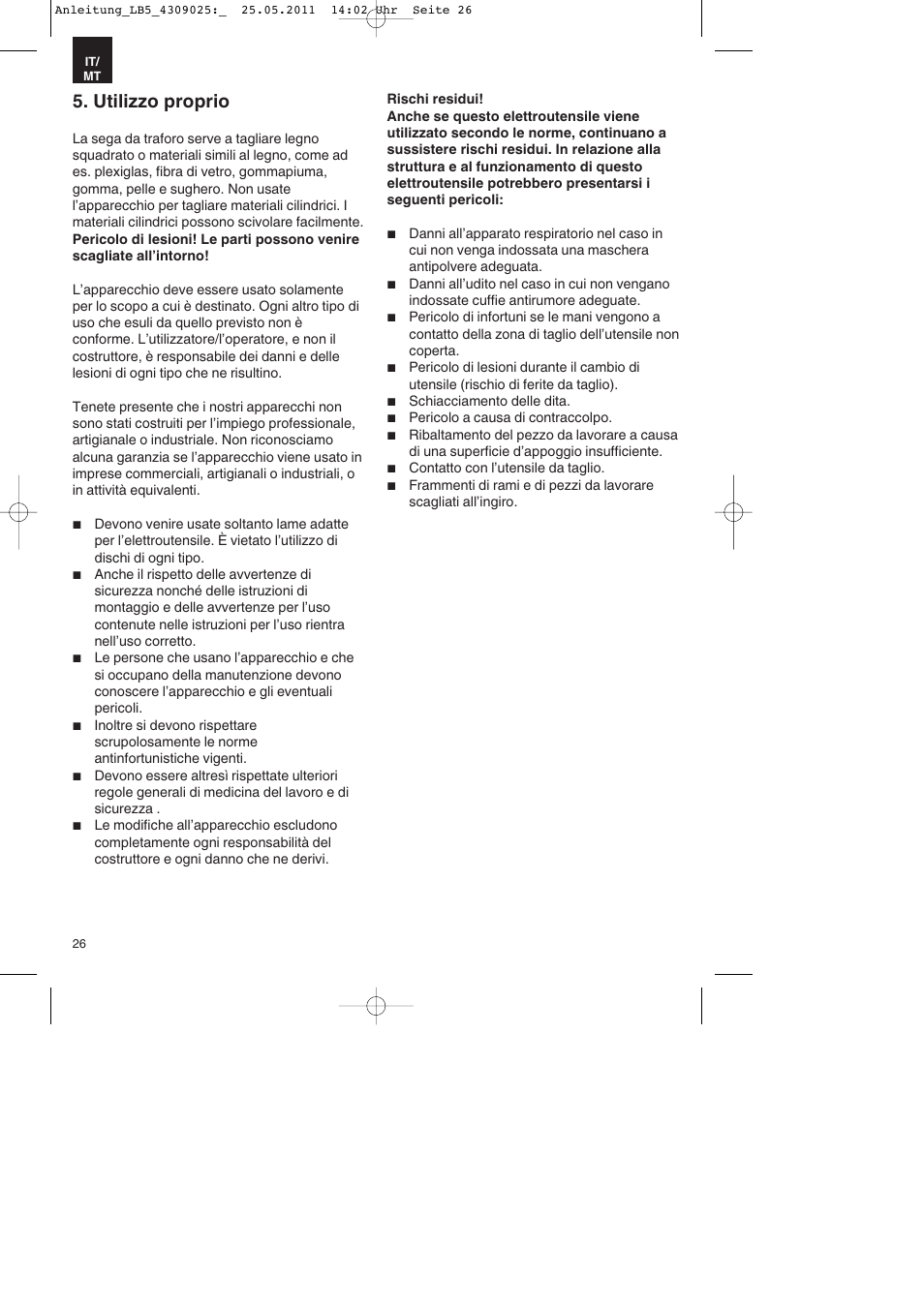 Utilizzo proprio | Parkside PDKs 120 A2 User Manual | Page 26 / 76