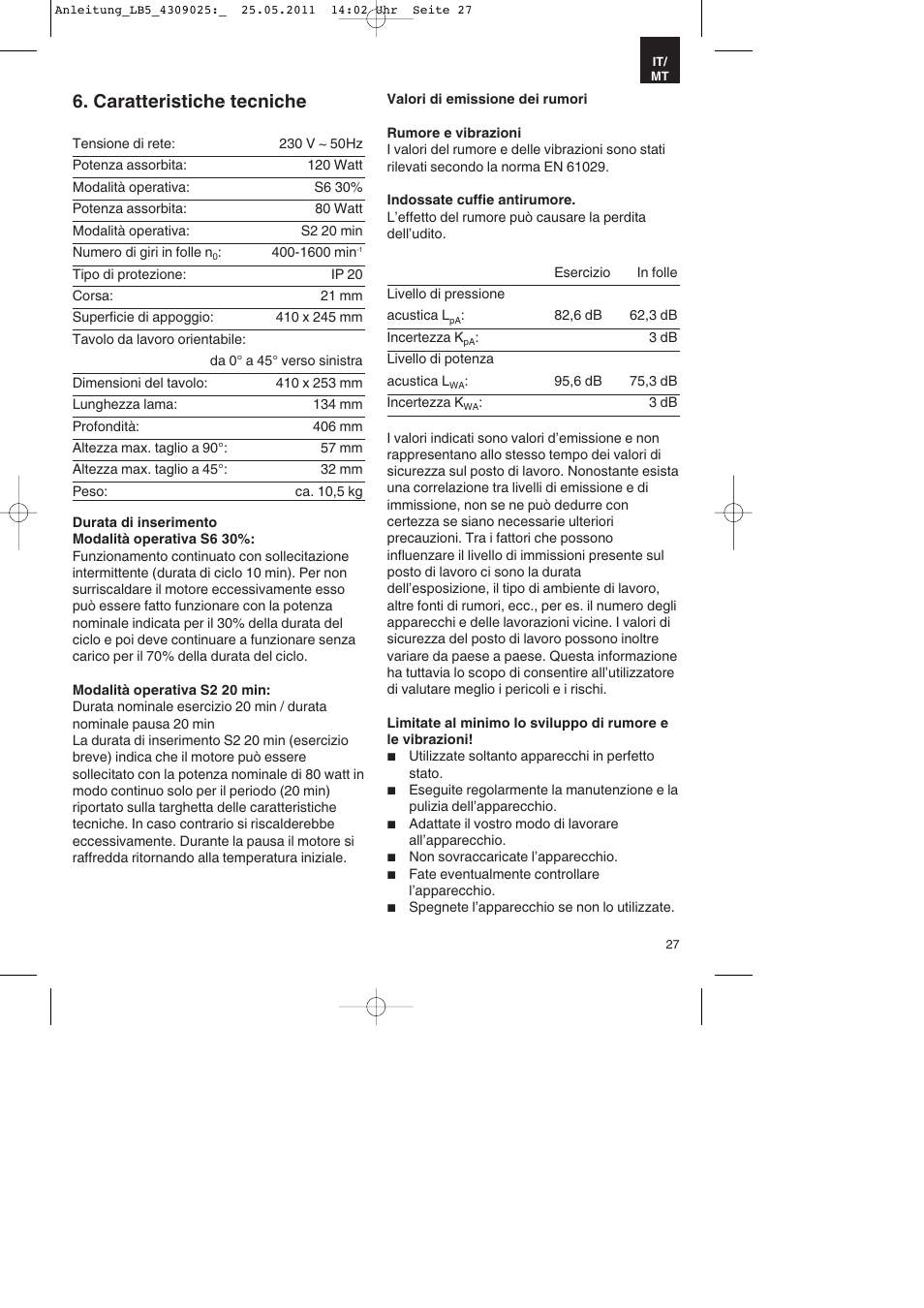Caratteristiche tecniche | Parkside PDKs 120 A2 User Manual | Page 27 / 76