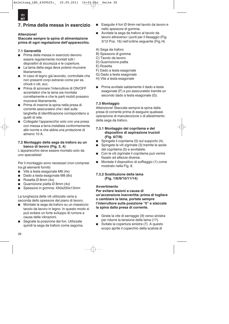 Prima della messa in esercizio | Parkside PDKs 120 A2 User Manual | Page 28 / 76