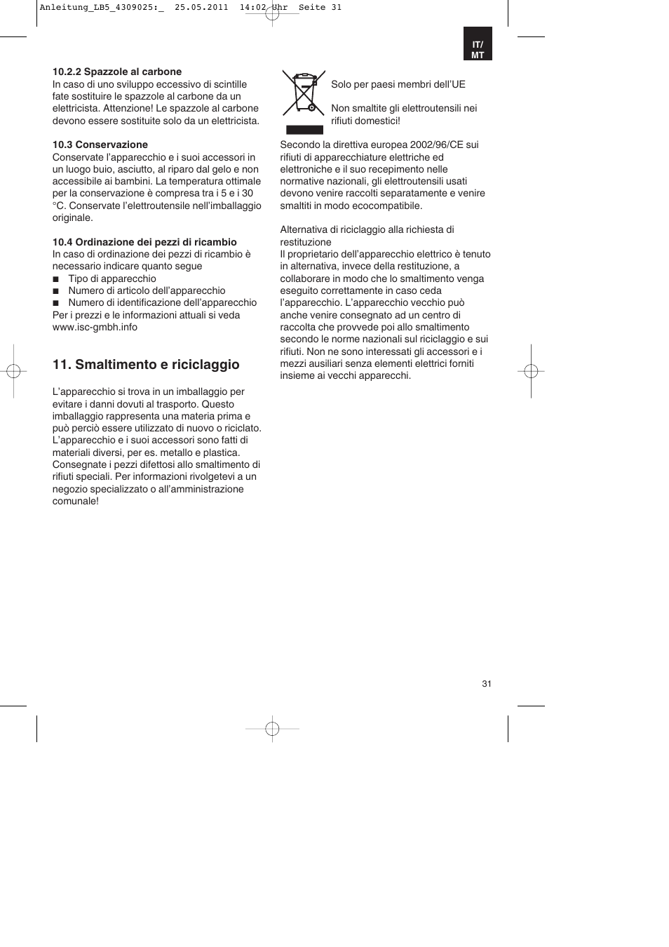 Smaltimento e riciclaggio | Parkside PDKs 120 A2 User Manual | Page 31 / 76