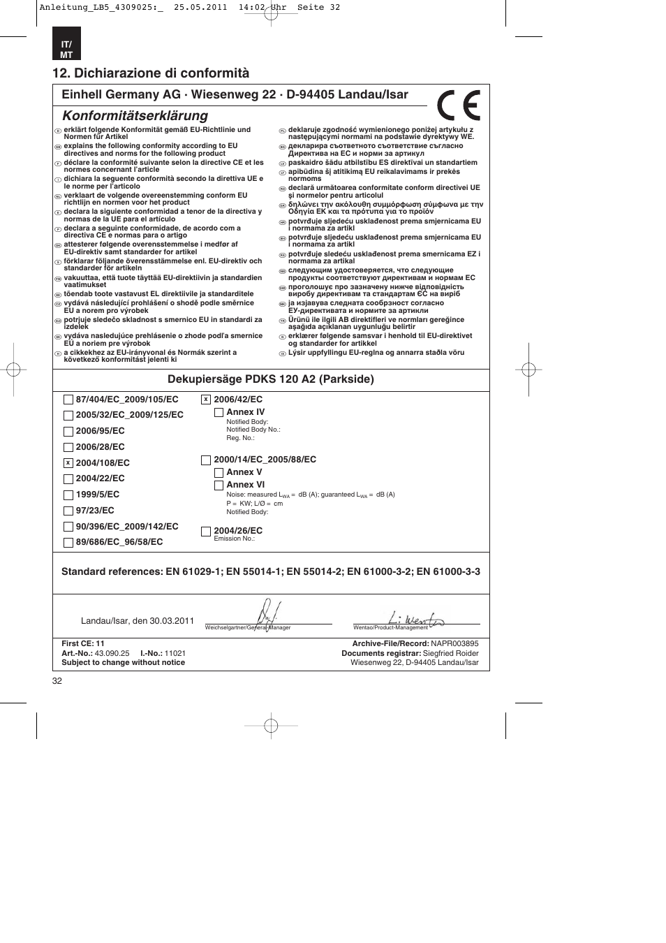 Dichiarazione di conformità, Konformitätserklärung, Dekupiersäge pdks 120 a2 (parkside) | Parkside PDKs 120 A2 User Manual | Page 32 / 76