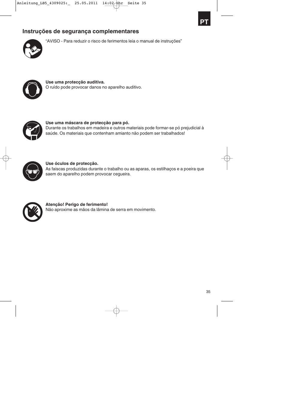 Instruções de segurança complementares | Parkside PDKs 120 A2 User Manual | Page 35 / 76