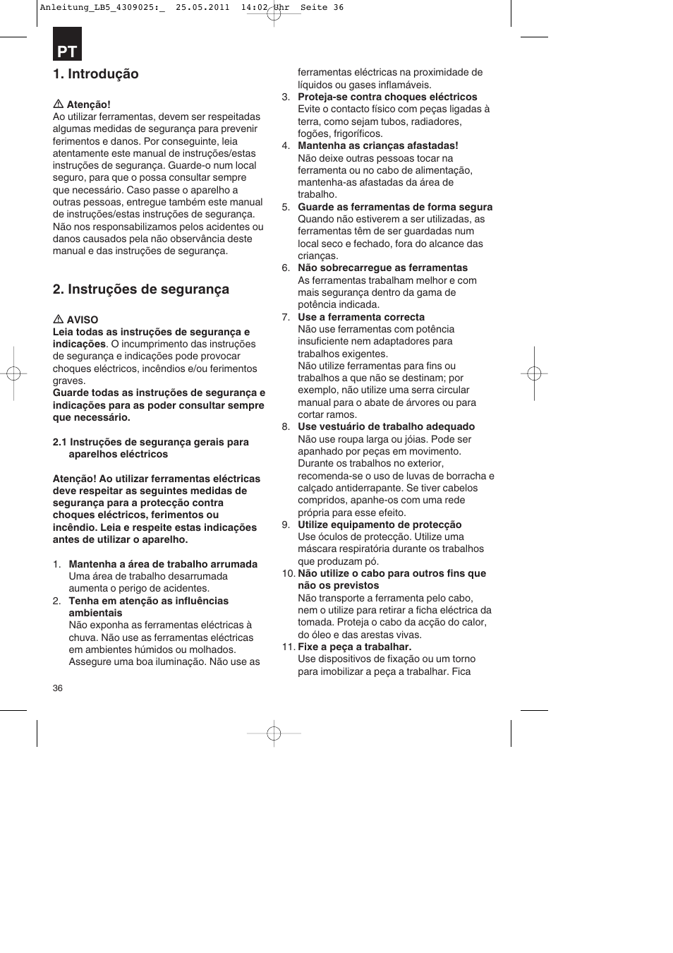 Introdução, Instruções de segurança | Parkside PDKs 120 A2 User Manual | Page 36 / 76