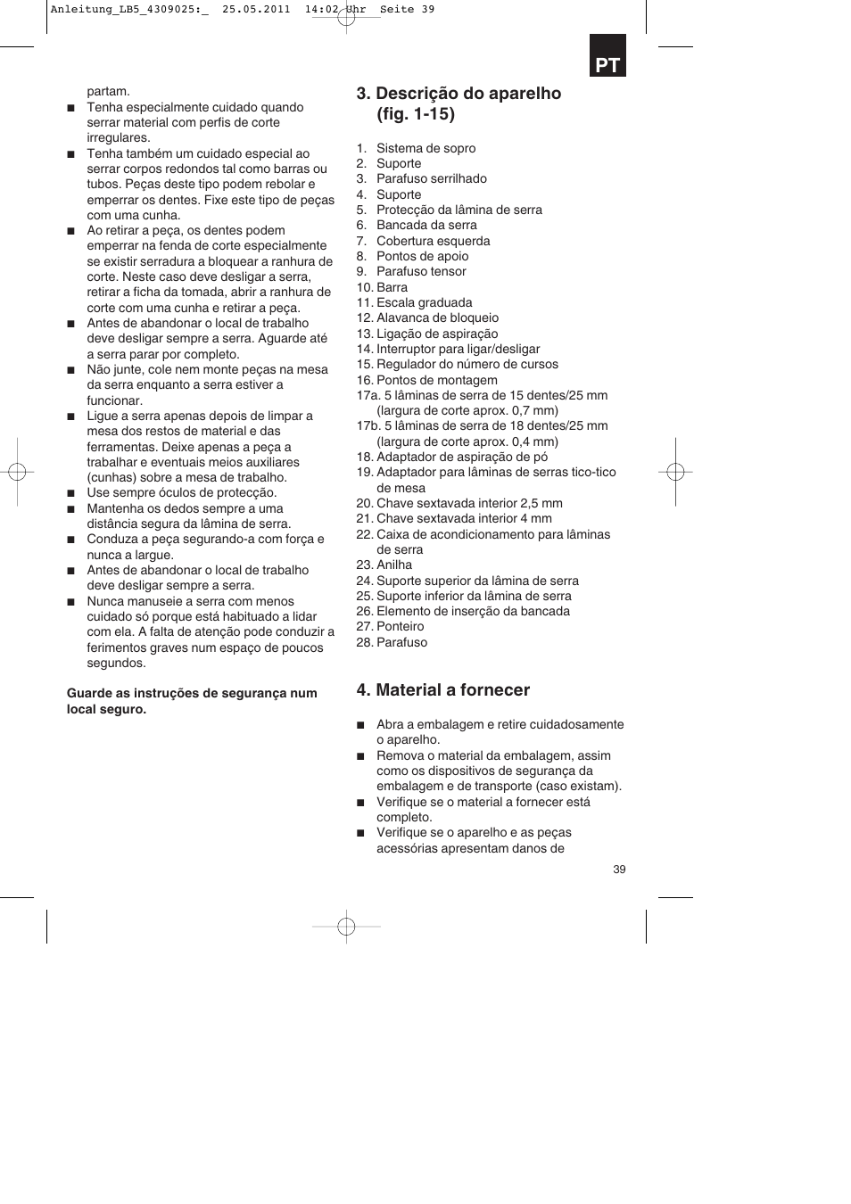 Descrição do aparelho (fig. 1-15), Material a fornecer | Parkside PDKs 120 A2 User Manual | Page 39 / 76