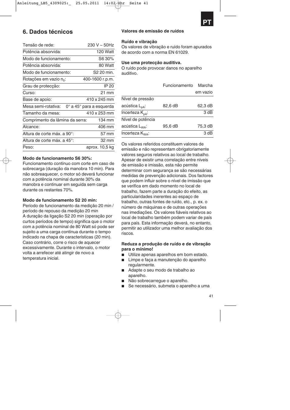 Dados técnicos | Parkside PDKs 120 A2 User Manual | Page 41 / 76