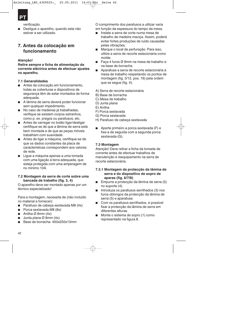 Antes da colocação em funcionamento | Parkside PDKs 120 A2 User Manual | Page 42 / 76