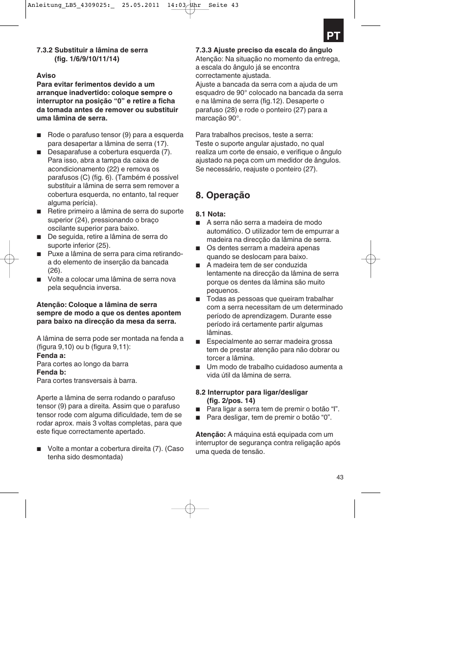 Operação | Parkside PDKs 120 A2 User Manual | Page 43 / 76