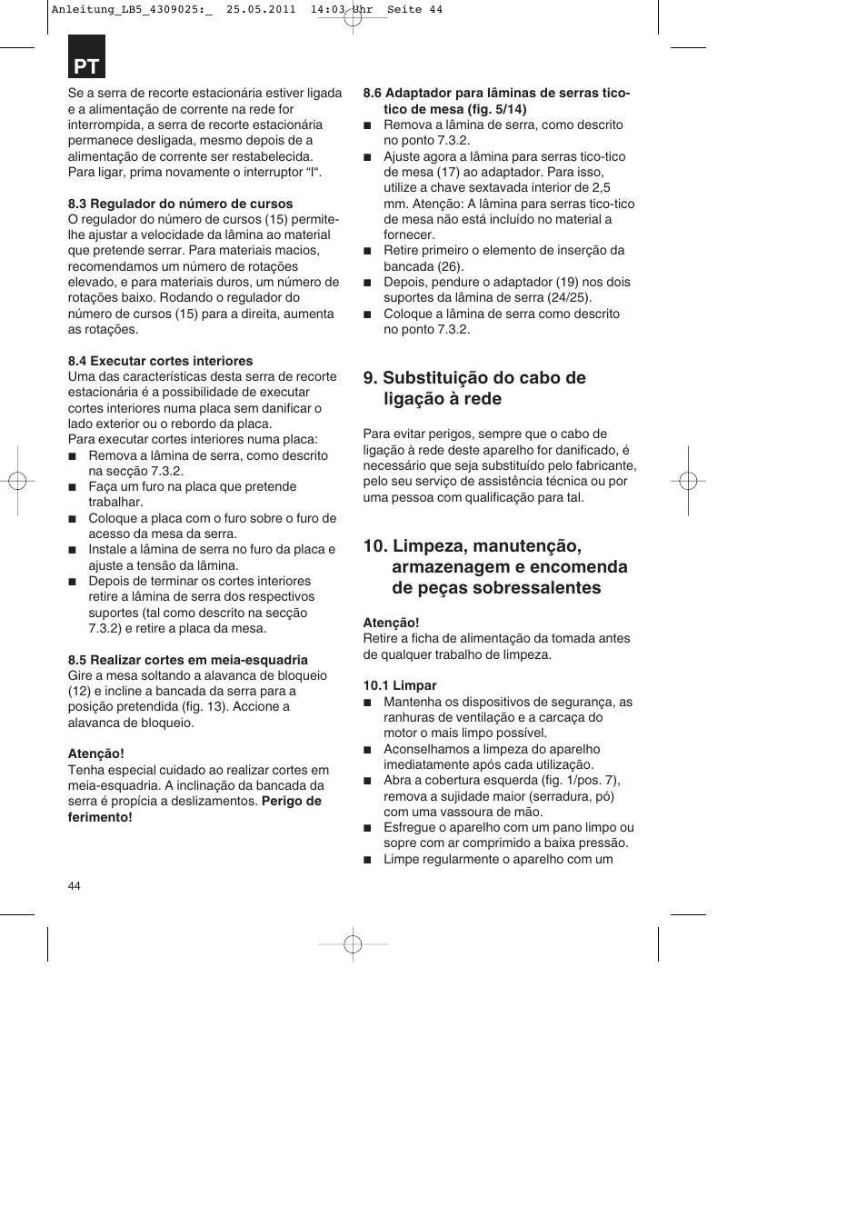 Substituição do cabo de ligação à rede | Parkside PDKs 120 A2 User Manual | Page 44 / 76