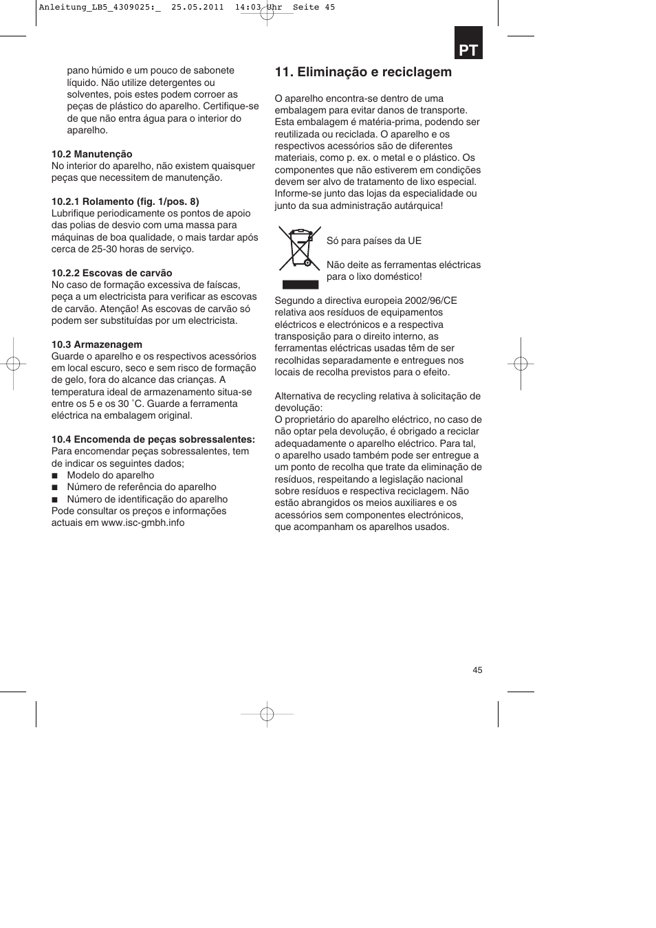 Eliminação e reciclagem | Parkside PDKs 120 A2 User Manual | Page 45 / 76