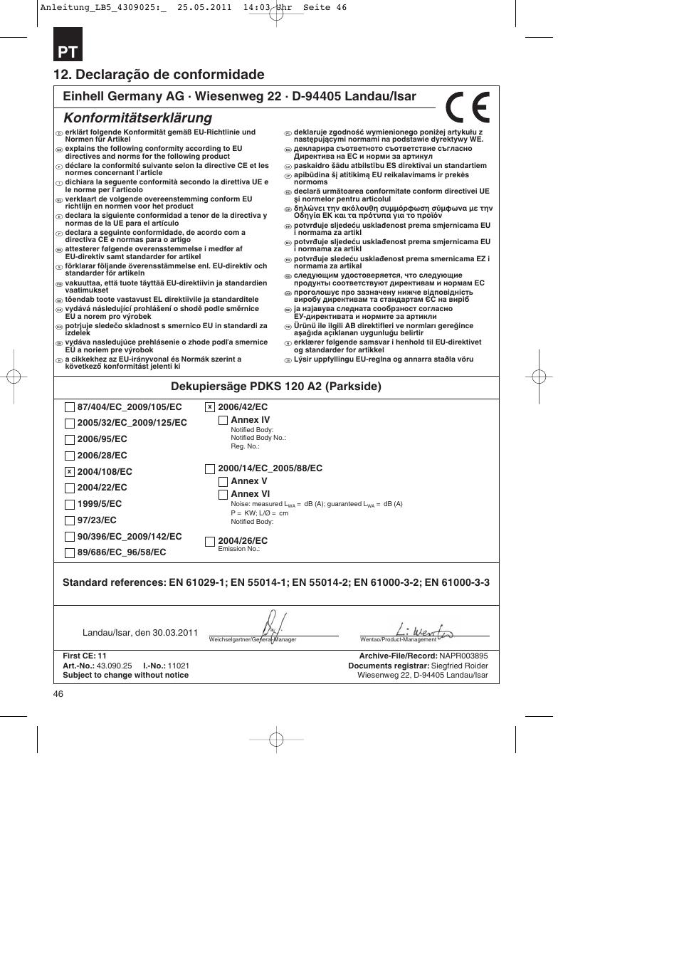 Declaração de conformidade, Konformitätserklärung, Dekupiersäge pdks 120 a2 (parkside) | Parkside PDKs 120 A2 User Manual | Page 46 / 76