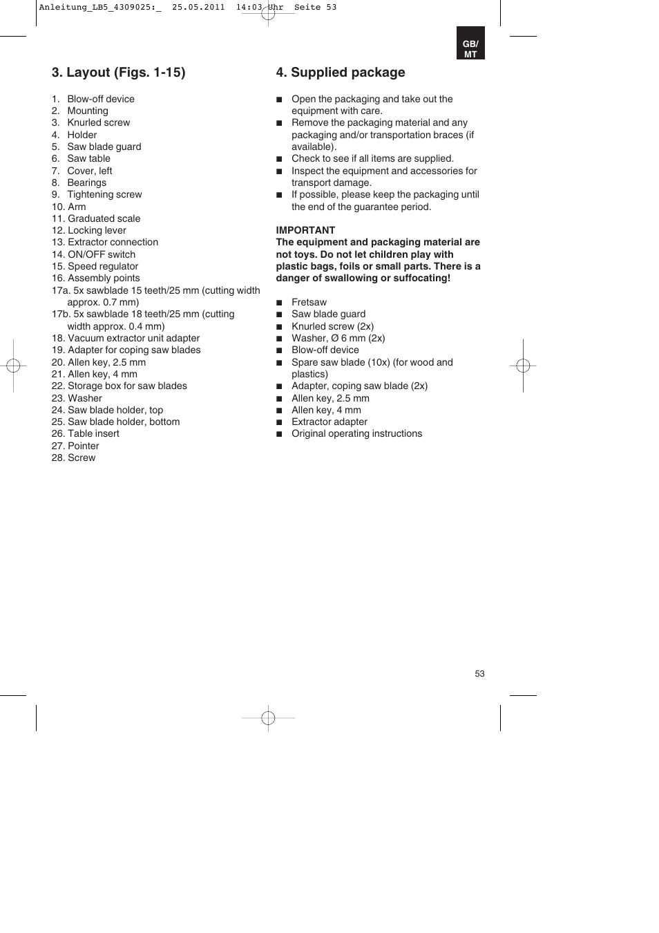 Layout (figs. 1-15), Supplied package | Parkside PDKs 120 A2 User Manual | Page 53 / 76