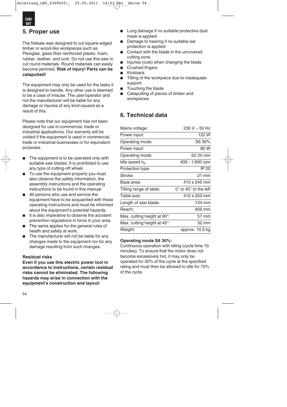 Proper use, Technical data | Parkside PDKs 120 A2 User Manual | Page 54 / 76