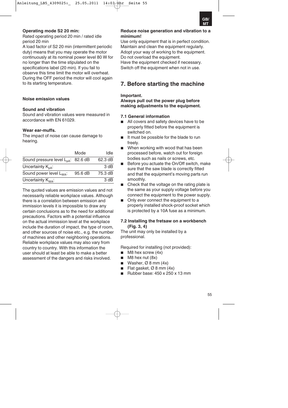 Before starting the machine | Parkside PDKs 120 A2 User Manual | Page 55 / 76