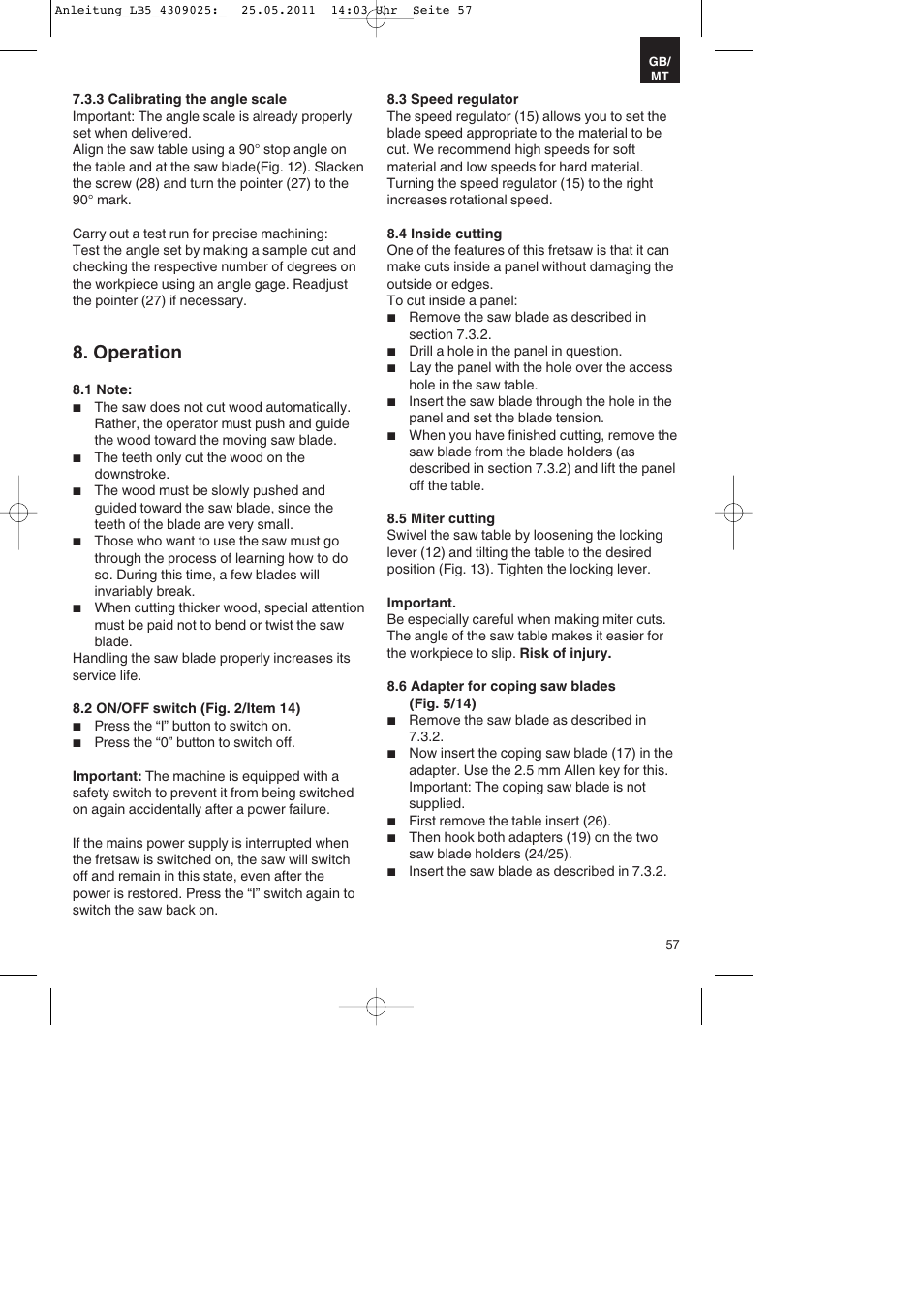 Operation | Parkside PDKs 120 A2 User Manual | Page 57 / 76