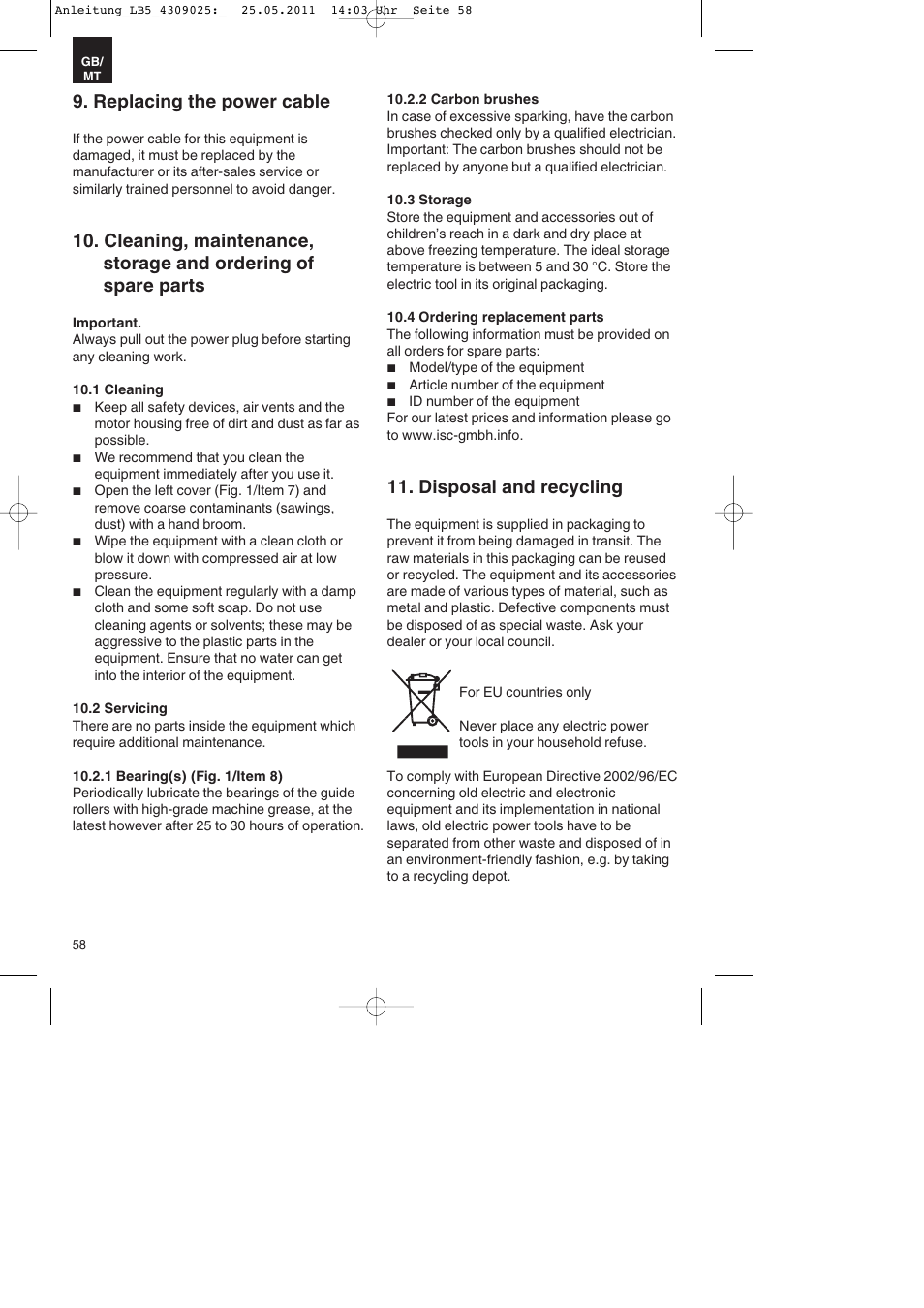 Replacing the power cable, Disposal and recycling | Parkside PDKs 120 A2 User Manual | Page 58 / 76