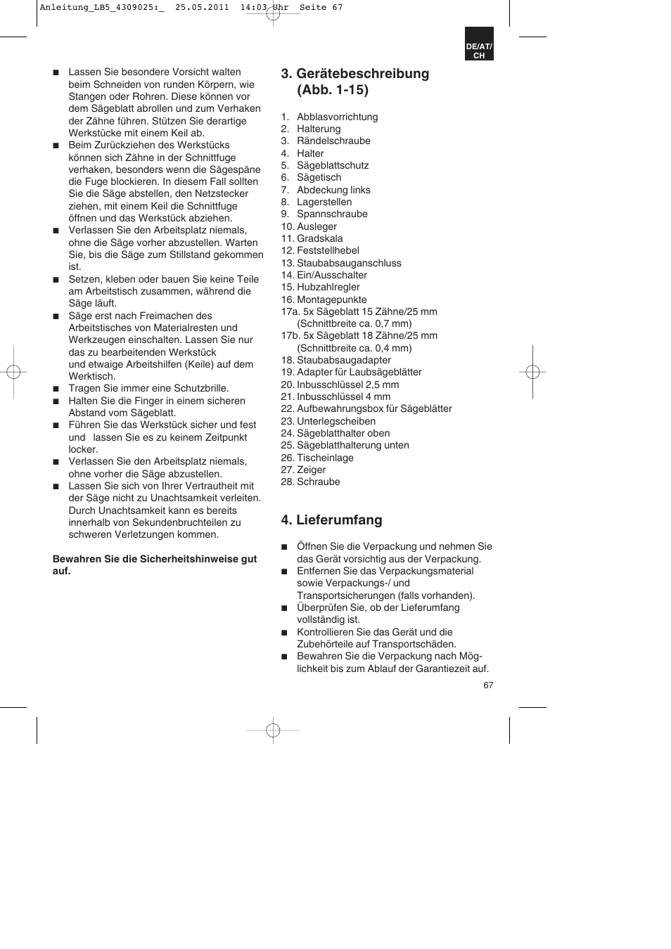 Gerätebeschreibung (abb. 1-15), Lieferumfang | Parkside PDKs 120 A2 User Manual | Page 67 / 76