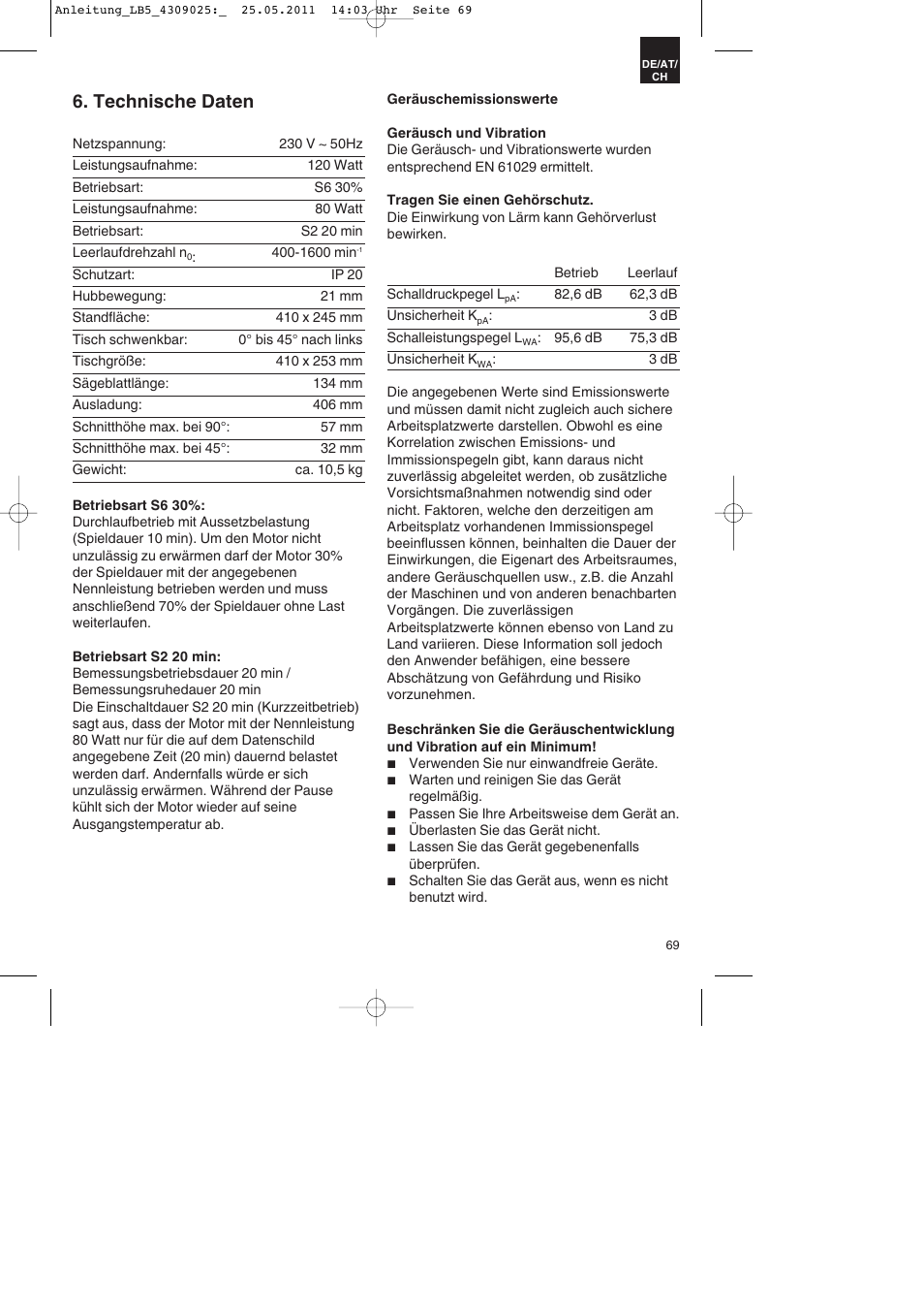 Technische daten | Parkside PDKs 120 A2 User Manual | Page 69 / 76