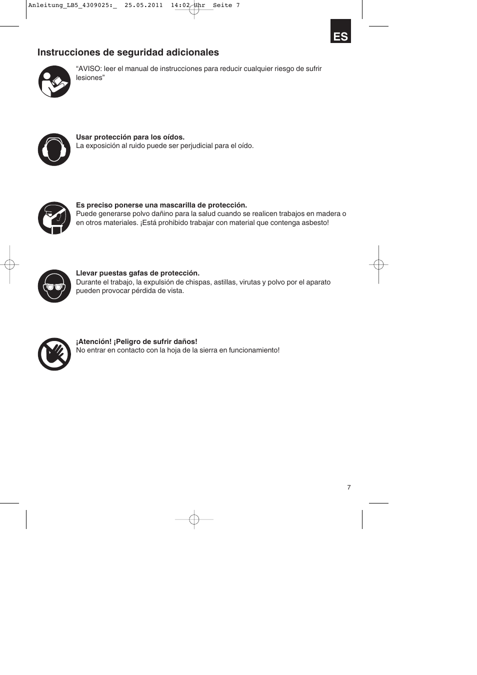 Instrucciones de seguridad adicionales | Parkside PDKs 120 A2 User Manual | Page 7 / 76