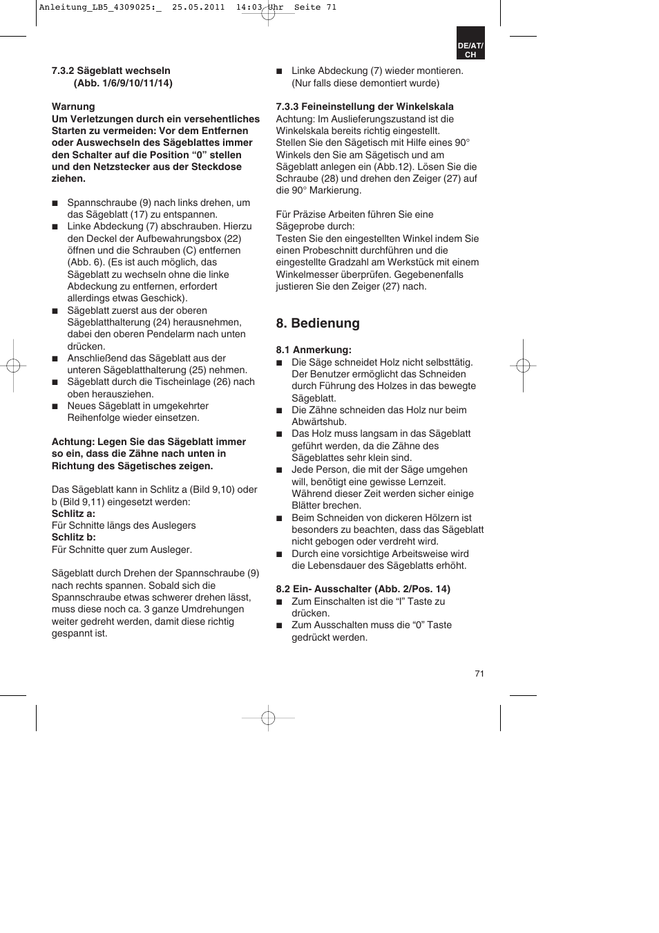 Bedienung | Parkside PDKs 120 A2 User Manual | Page 71 / 76