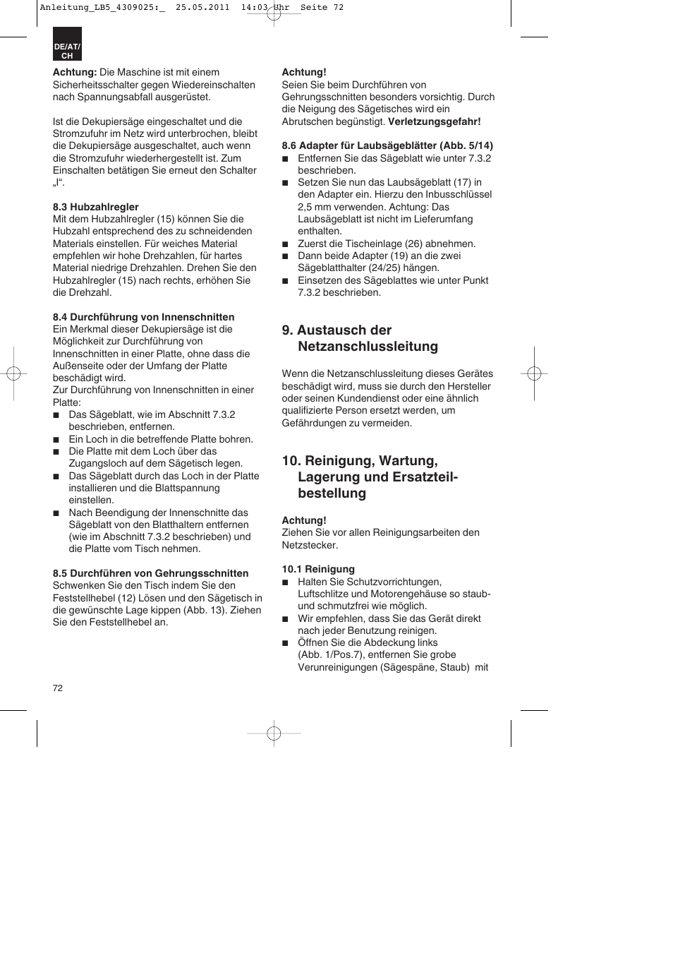 Austausch der netzanschlussleitung | Parkside PDKs 120 A2 User Manual | Page 72 / 76