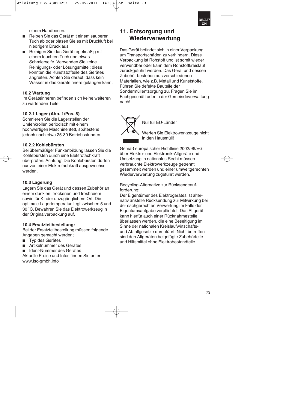 Entsorgung und wiederverwertung | Parkside PDKs 120 A2 User Manual | Page 73 / 76