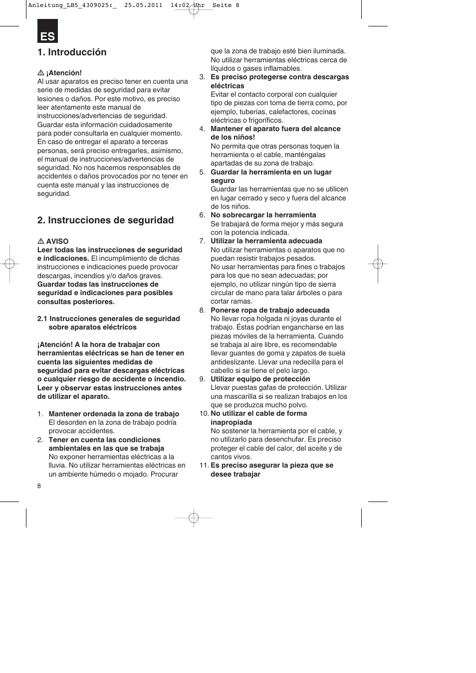 Introducción, Instrucciones de seguridad | Parkside PDKs 120 A2 User Manual | Page 8 / 76