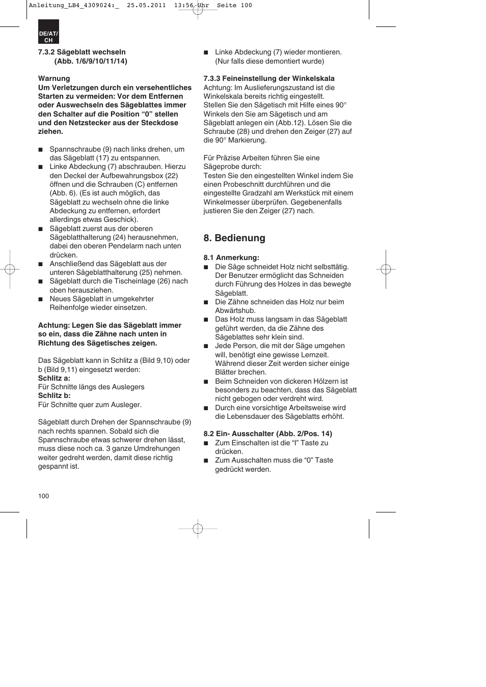 Bedienung | Parkside PDKs 120 A2 User Manual | Page 100 / 108